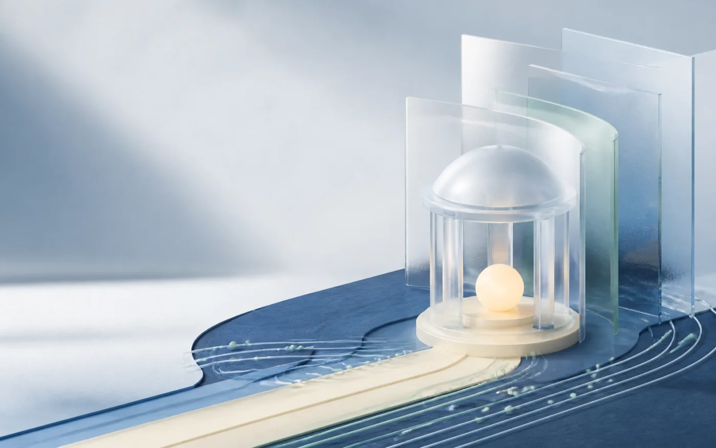 Abstract glass data pathways protecting a warm central light
