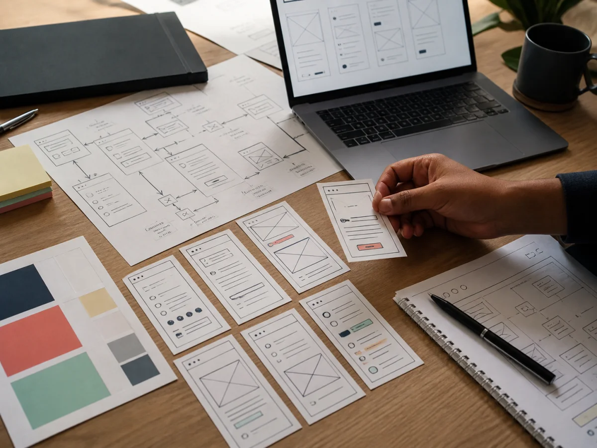 UX designer arranging user flows and interface prototype cards
