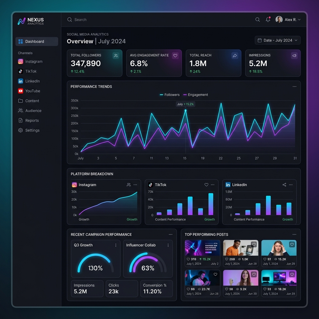 Social media reach, engagement, campaign, and conversion analytics dashboard