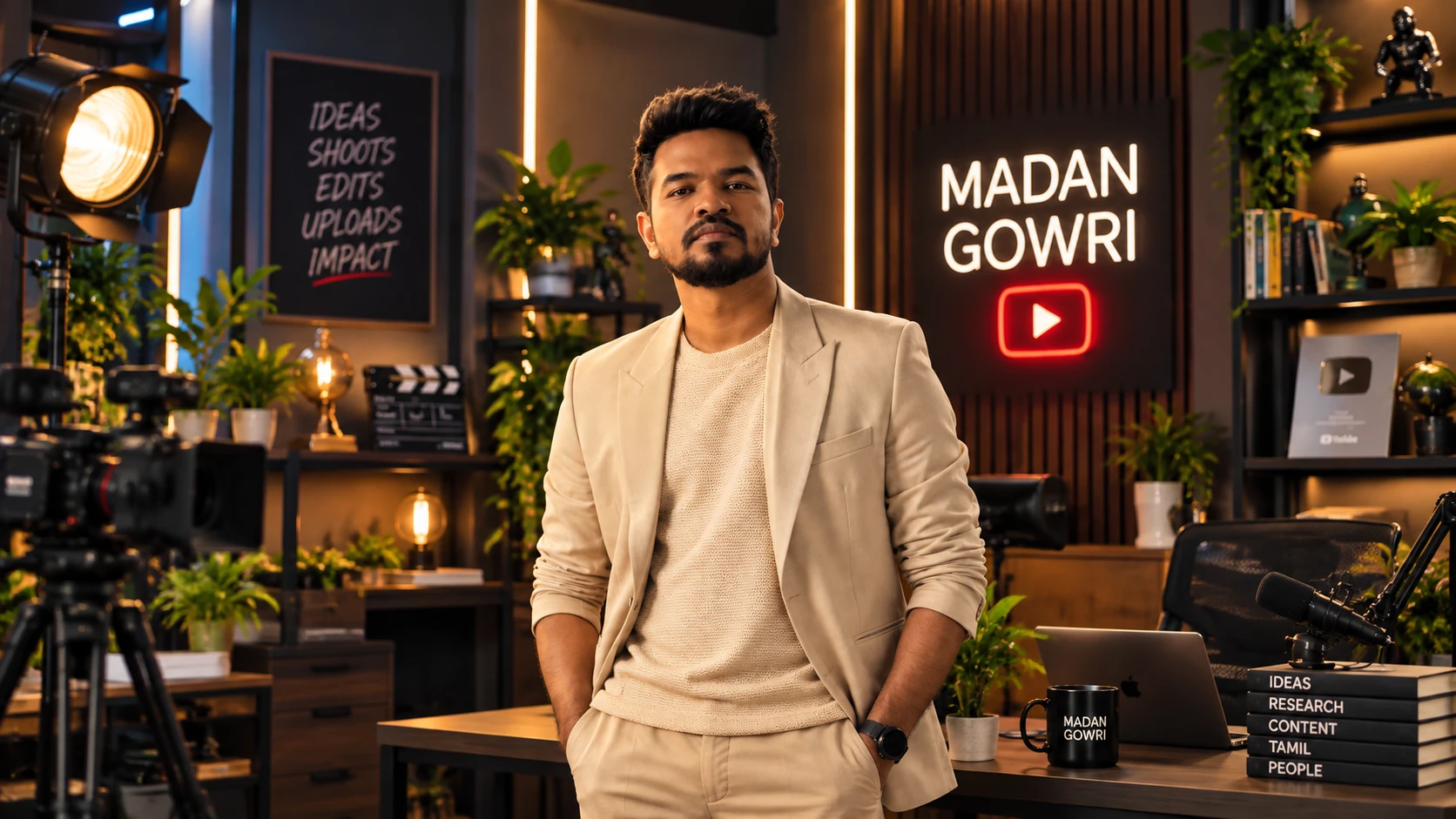 Content creator standing in a video studio in front of a neon sign reading Madan Gowri