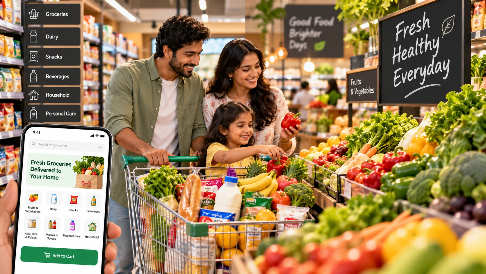 Family shopping for fresh groceries with a grocery delivery app on a phone