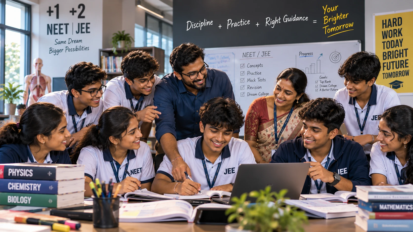 Teacher and students studying together in a NEET and JEE coaching classroom