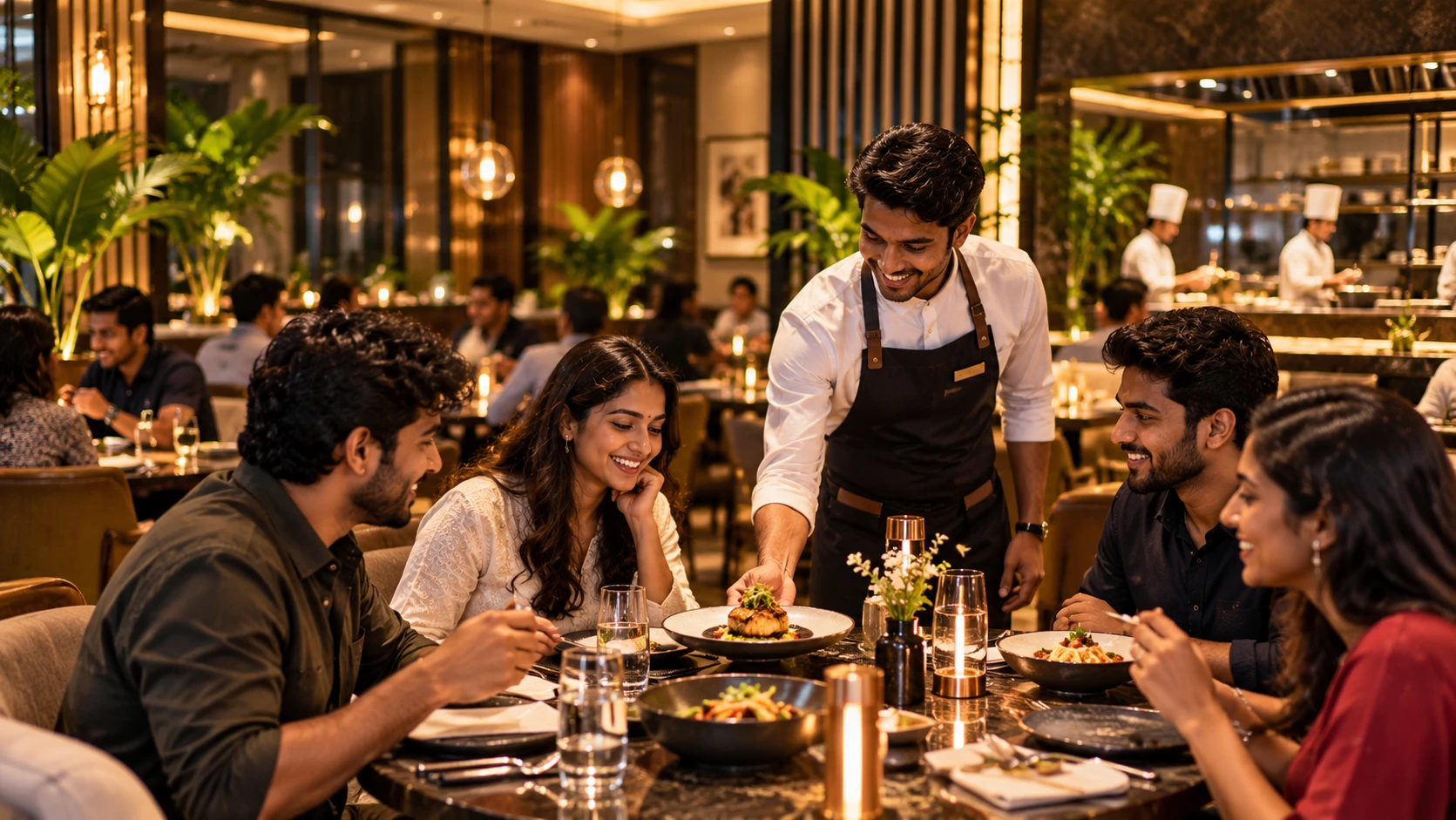 Waiter serving a dish to guests seated at a restaurant table